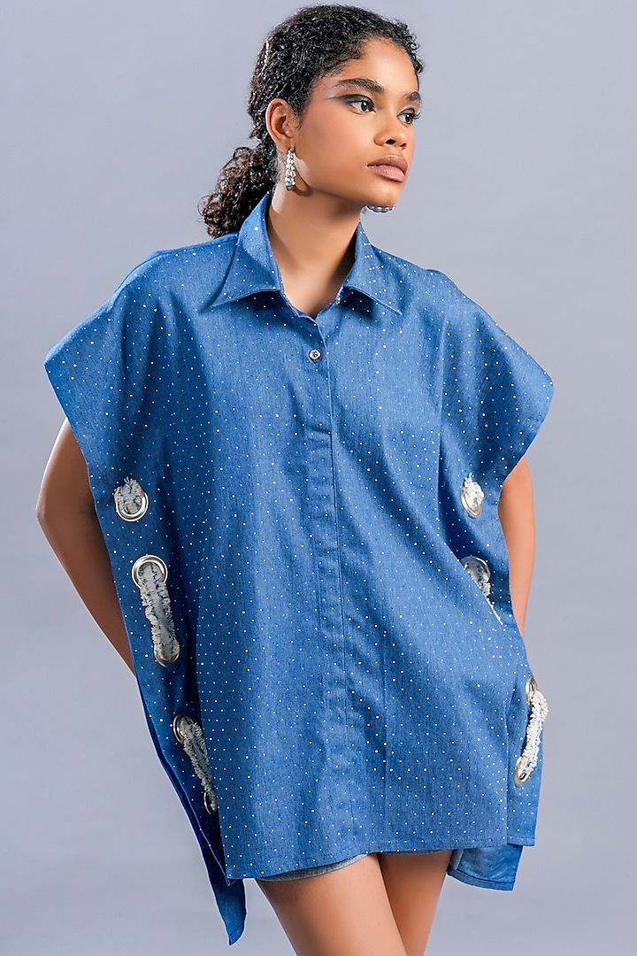 Blue Cotton Denim Studded Shirt by Pooja Shroff at Pernia's Pop Up Shop