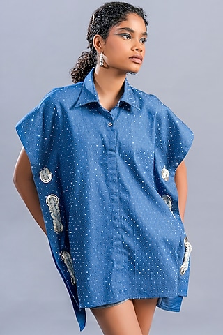 Blue Cotton Denim Studded Shirt by Pooja Shroff