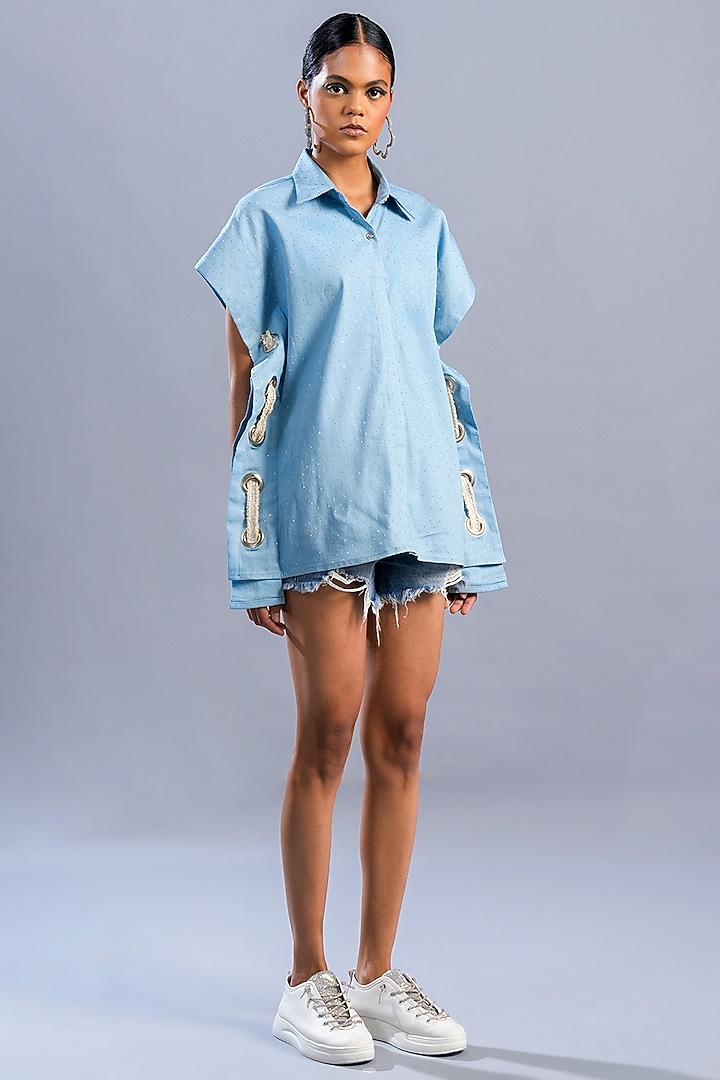 Light Blue Cotton Denim Studded Shirt by Pooja Shroff at Pernia's Pop Up Shop