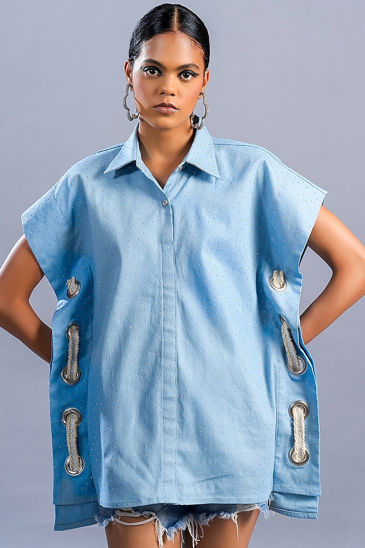 Light Blue Cotton Denim Studded Shirt by Pooja Shroff at Pernia's Pop Up Shop