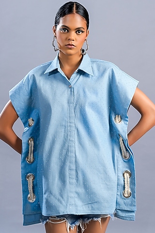 Light Blue Cotton Denim Studded Shirt by Pooja Shroff