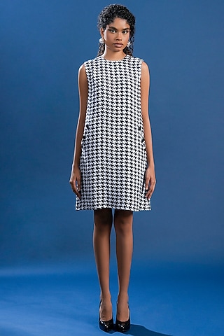 Black & White Tweed Houndstooth Weave Dress by Pooja Shroff