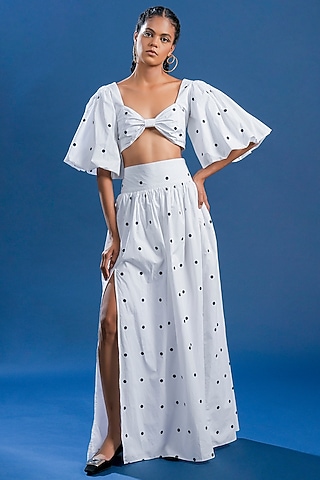 White & Black Cotton Polka Dot Printed Skirt Set by Pooja Shroff