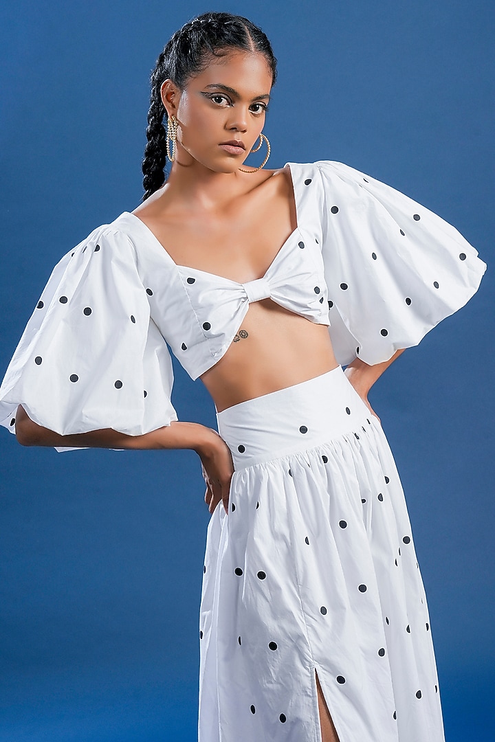 White & Black Cotton Polka Dot Printed Skirt Set by Pooja Shroff at Pernia's Pop Up Shop