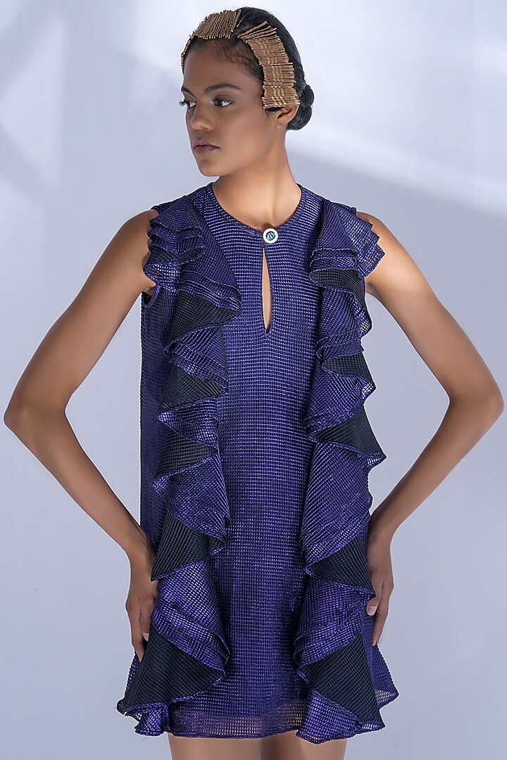 Purple Lycra Net Metallic Ruffled Knit Summer Dress by Pooja Shroff at Pernia's Pop Up Shop