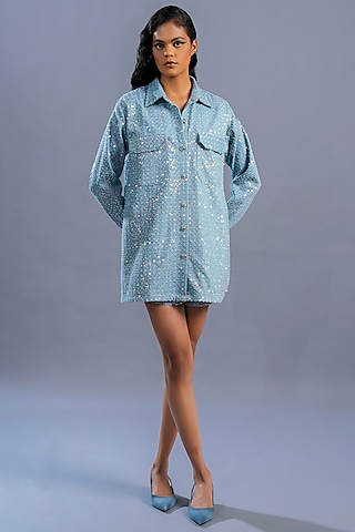 Light Blue Denim Sequins Co-Ord Set by Pooja Shroff