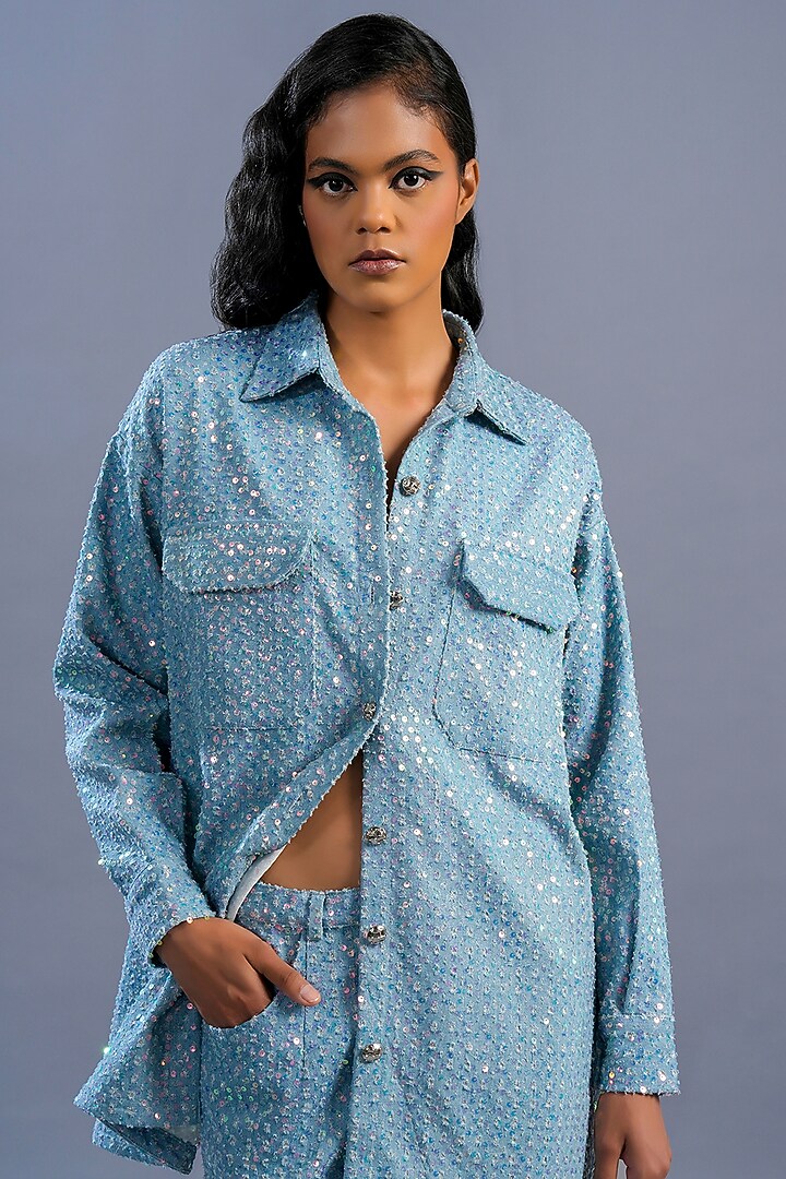 Light Blue Denim Sequins Co-Ord Set by Pooja Shroff at Pernia's Pop Up Shop