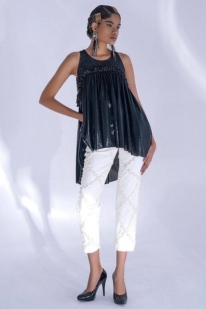 Black Net Gathered Knit Top by Pooja Shroff at Pernia's Pop Up Shop