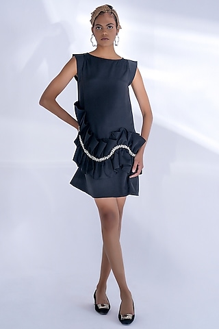 Black Banana Crepe Stone Work Ruffled Dress by Pooja Shroff