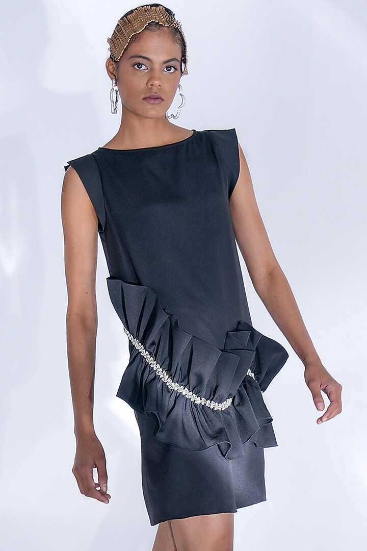 Black Banana Crepe Stone Work Ruffled Summer Dress by Pooja Shroff at Pernia's Pop Up Shop