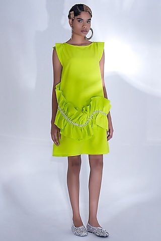 Lime Green Banana Crepe Stone Work Ruffled Dress by Pooja Shroff