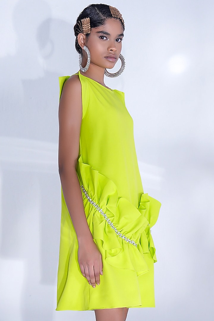 Lime Green Banana Crepe Stone Work Ruffled Summer Dress by Pooja Shroff at Pernia's Pop Up Shop