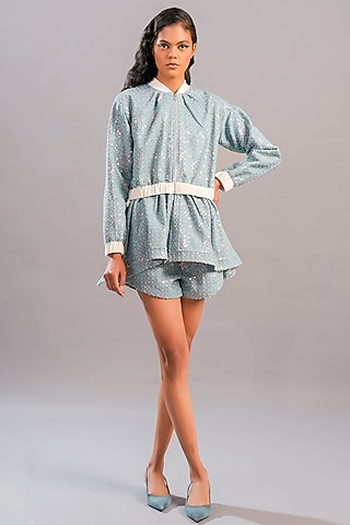 Light Blue Denim Sequins Jacket by Pooja Shroff