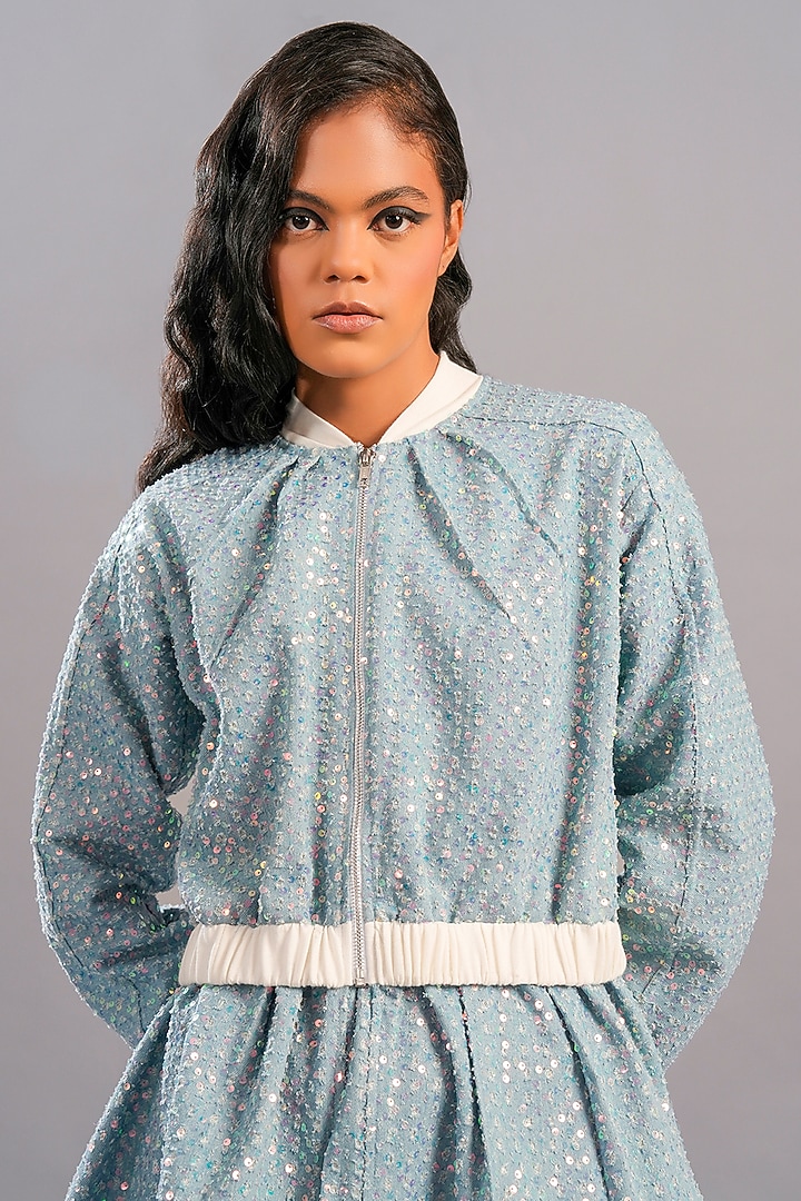 Light Blue Denim Sequins Jacket by Pooja Shroff at Pernia's Pop Up Shop