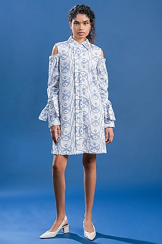 White & Blue Cotton Printed Dress by Pooja Shroff