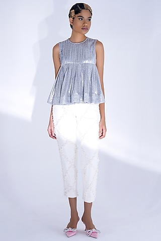 Silver & White Denim Co-Ord Set by Pooja Shroff