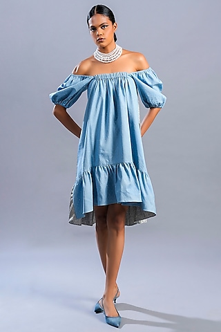 Light Blue & Silver Denim Dress by Pooja Shroff