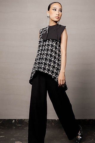 Black & White Tweed Houndstooth Bow Top by Pooja Shroff