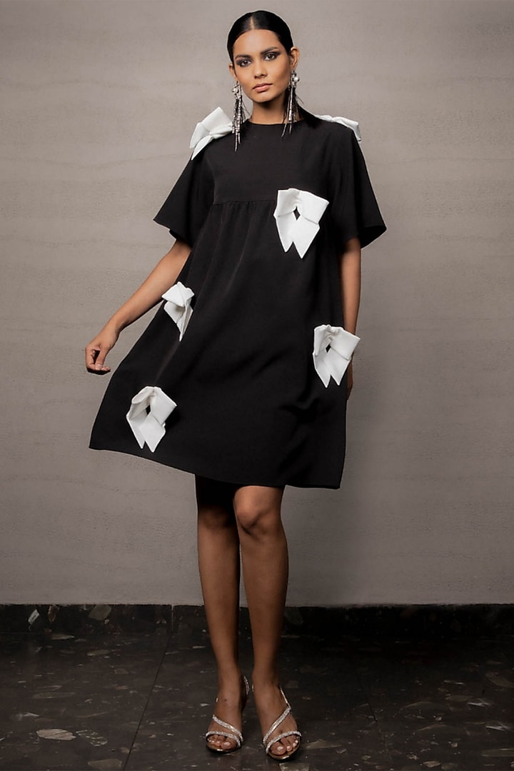 Black Banana Crepe Mini Bow Dress by Pooja Shroff at Pernia's Pop Up Shop