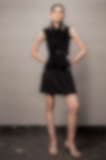 Black Fur Sleeveless Jacket With Belt by Pooja Shroff at Pernia's Pop Up Shop