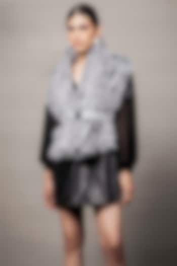 Grey Fur Sleeveless Jacket With Belt by Pooja Shroff