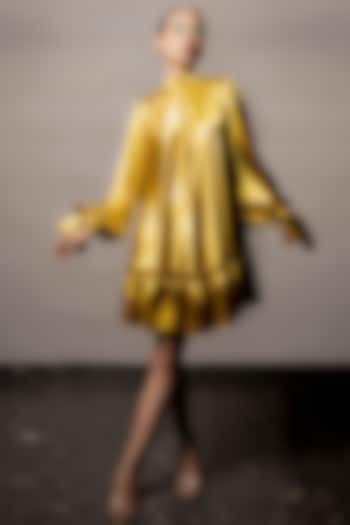 Golden Satin Tiered Mini Dress by Pooja Shroff