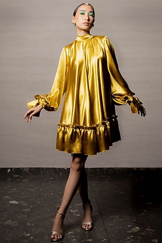 Golden Satin Tiered Mini Dress by Pooja Shroff