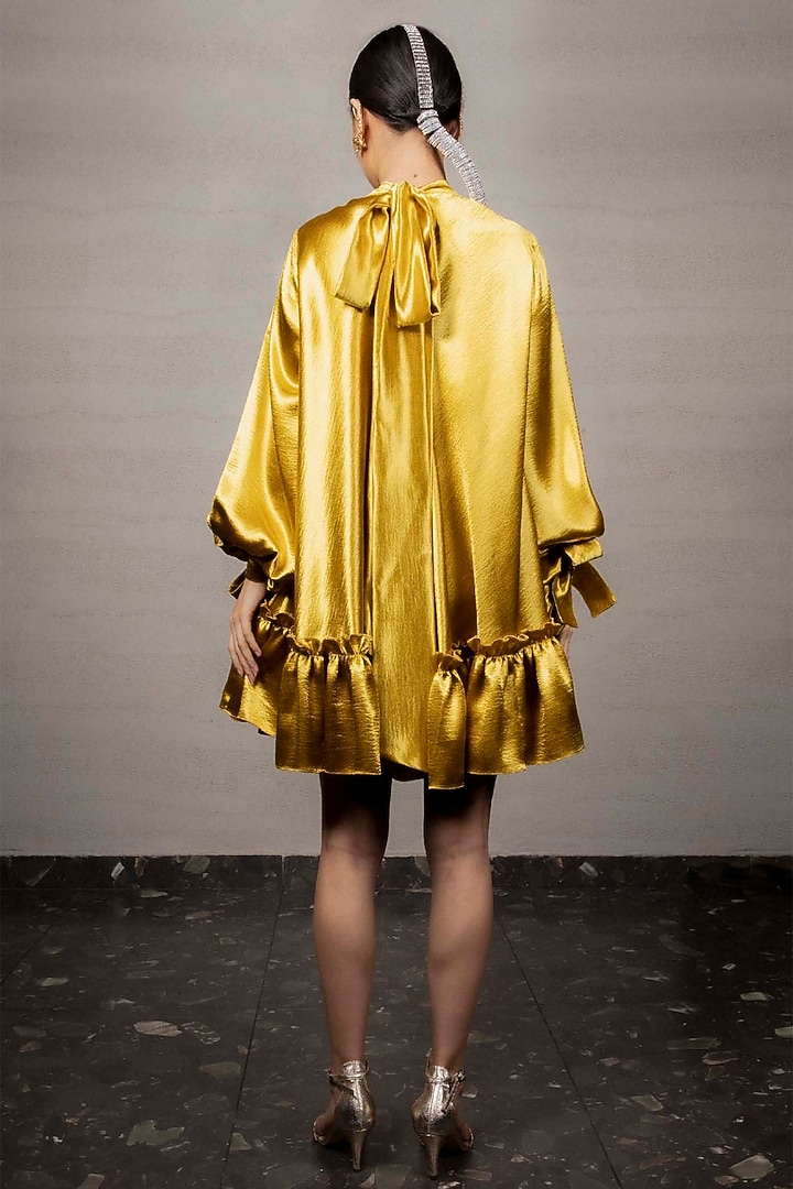 Golden Satin Tiered Mini Summer Dress by Pooja Shroff at Pernia's Pop Up Shop