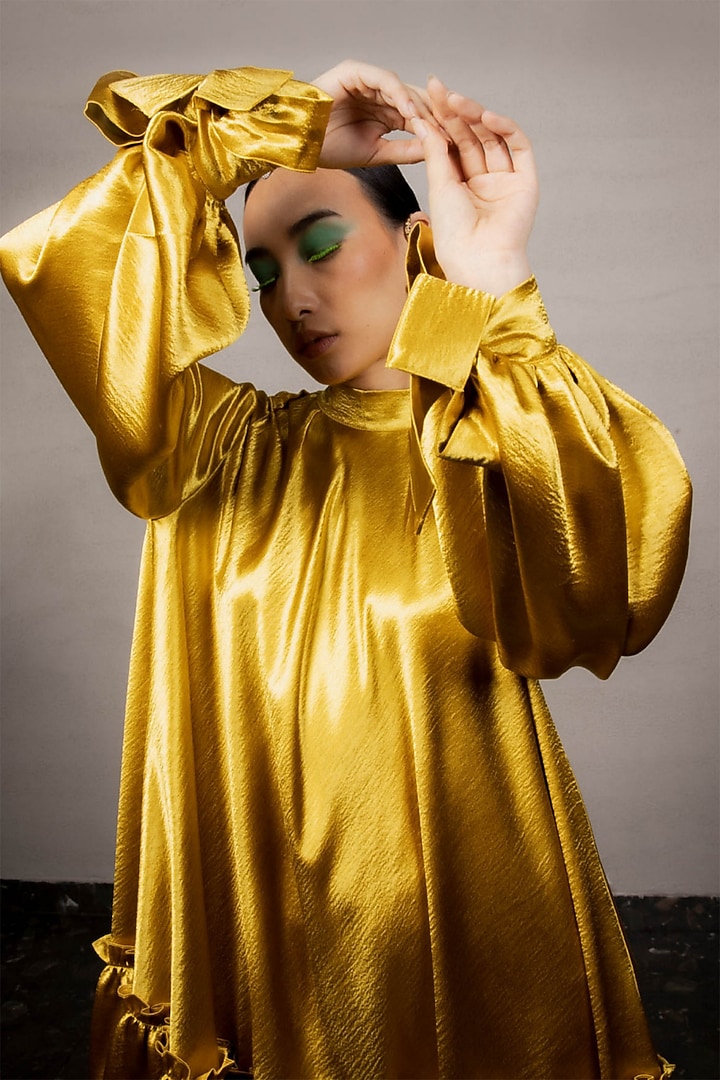 Golden Satin Tiered Mini Summer Dress by Pooja Shroff at Pernia's Pop Up Shop