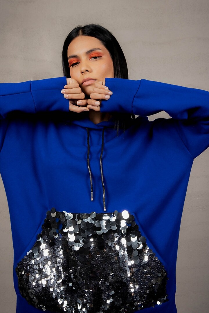 Blue Jersey Sequins Sweatshirt by Pooja Shroff at Pernia's Pop Up Shop