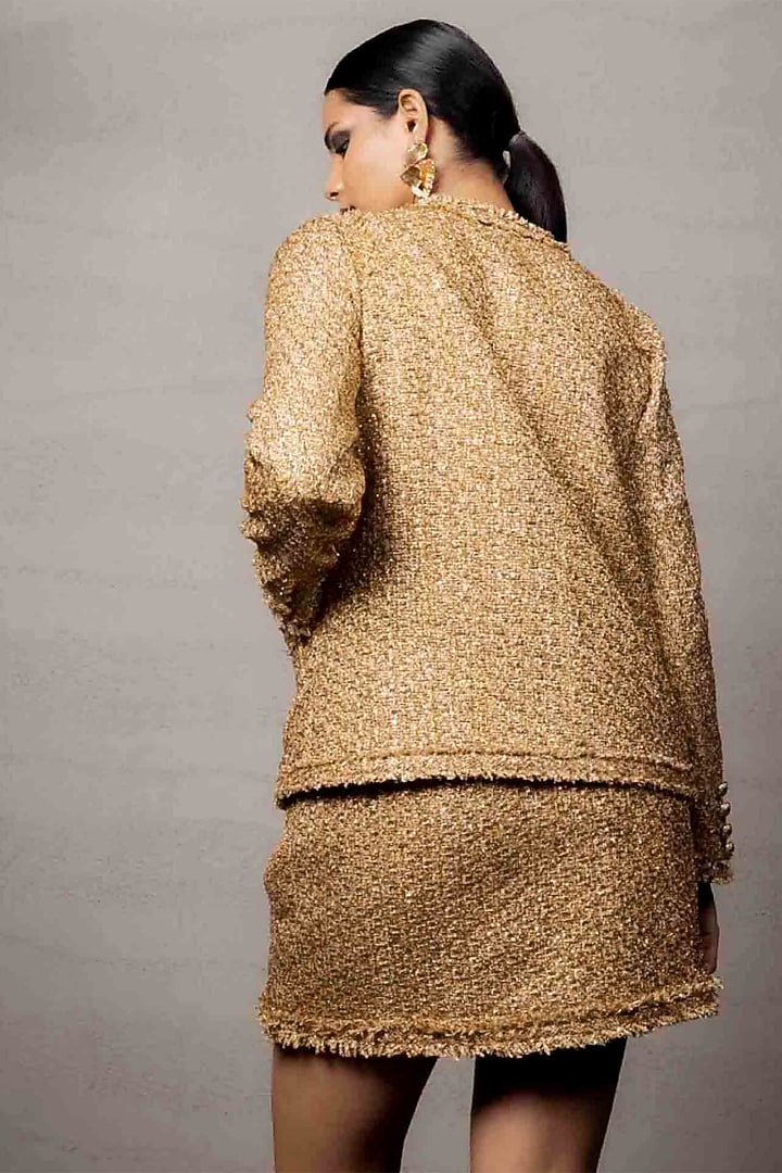Golden Metallic Tweed Mini Skirt Set by Pooja Shroff at Pernia's Pop Up Shop