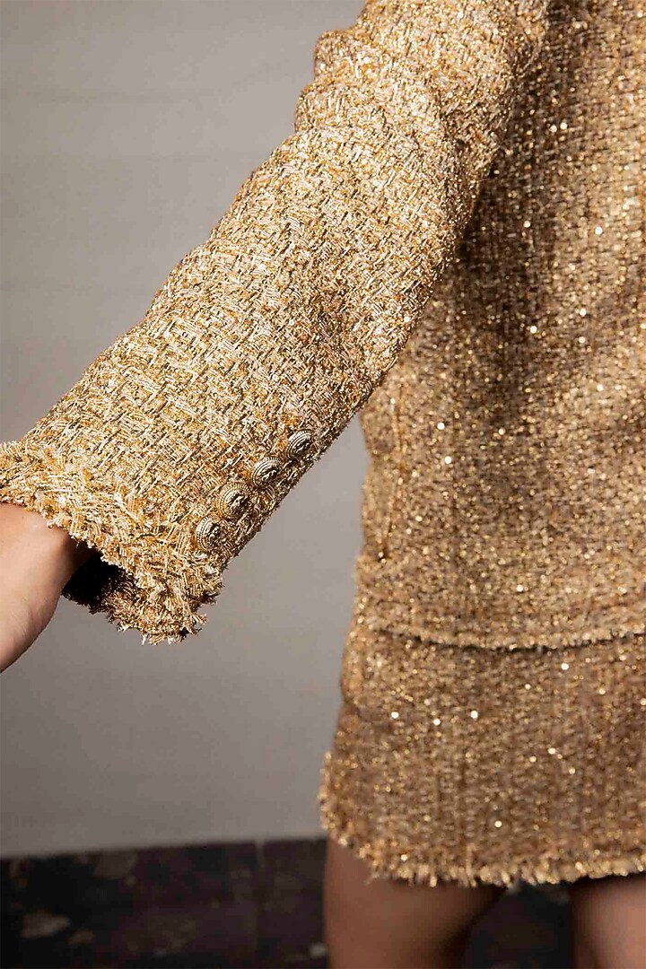 Golden Metallic Tweed Mini Skirt Set by Pooja Shroff at Pernia's Pop Up Shop