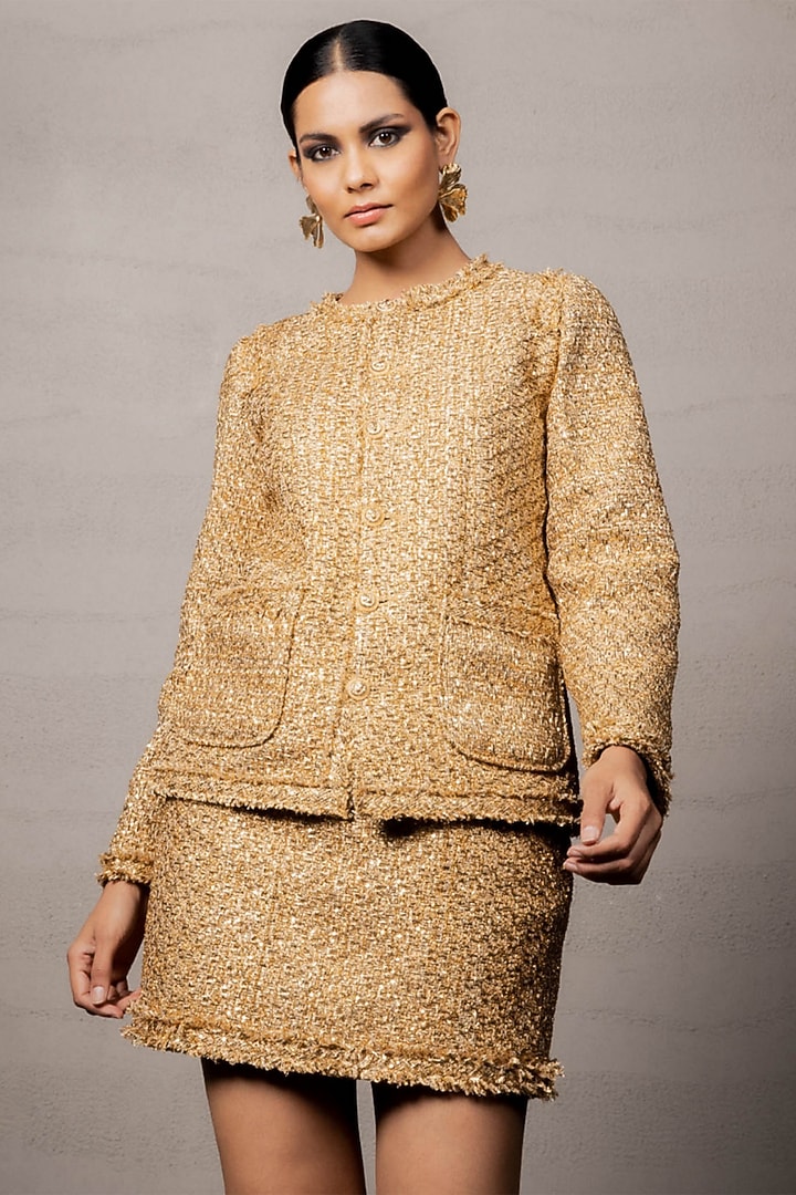 Golden Metallic Tweed Mini Skirt Set by Pooja Shroff at Pernia's Pop Up Shop