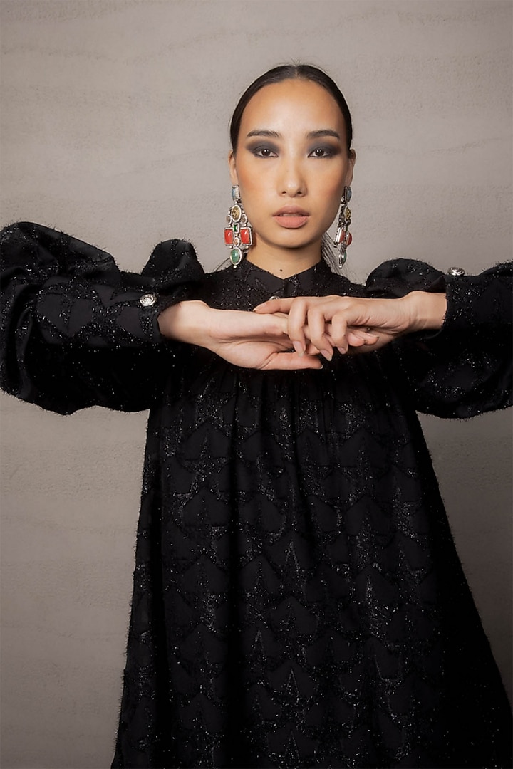 Black Georgette Jacquard Star Mini Summer Dress by Pooja Shroff at Pernia's Pop Up Shop