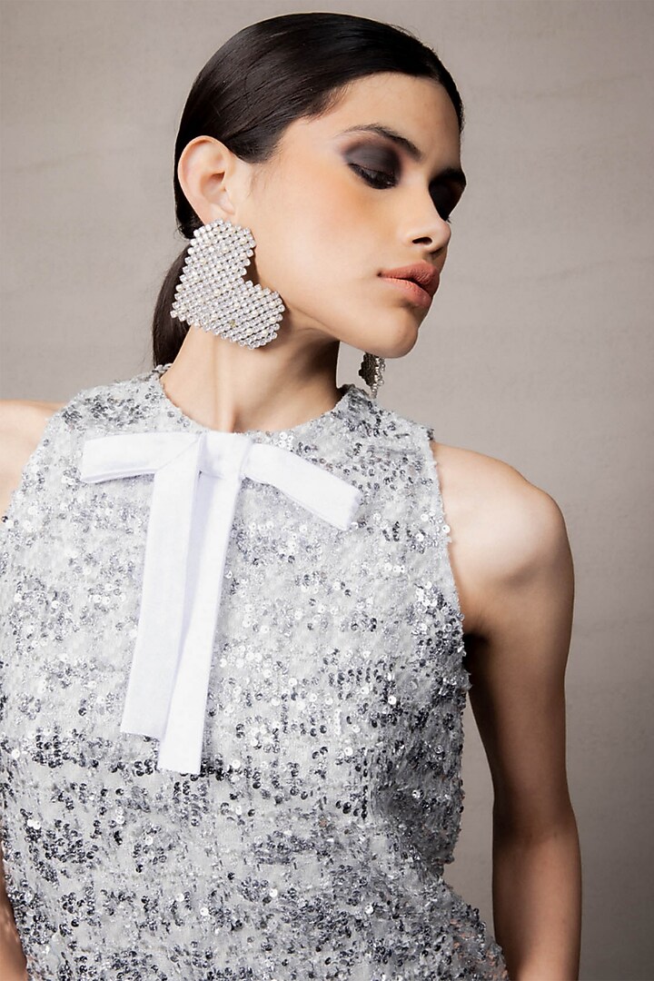 Silver Sequins Tweed Mini Summer Dress by Pooja Shroff at Pernia's Pop Up Shop