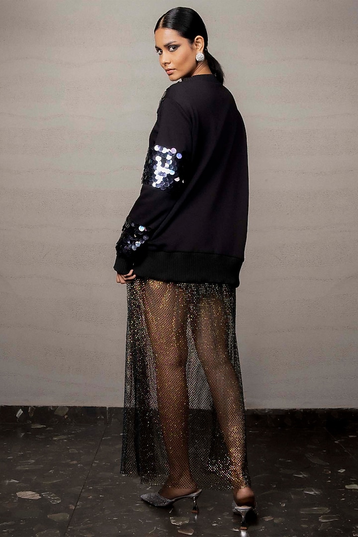 Black Jersey Sequins & Rhinestone Embroidered Sweatshirt by Pooja Shroff at Pernia's Pop Up Shop