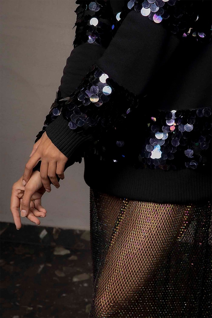 Black Jersey Sequins & Rhinestone Embroidered Sweatshirt by Pooja Shroff at Pernia's Pop Up Shop