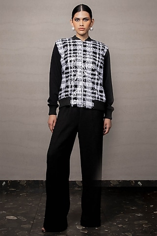 Black & White Net Sequins & Rhinestone Embroidered Bomber Jacket by Pooja Shroff