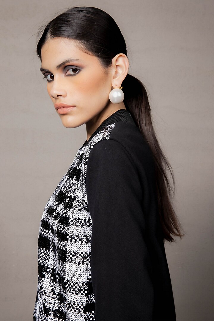 Black & White Net Sequins & Rhinestone Embroidered Bomber Jacket by Pooja Shroff at Pernia's Pop Up Shop