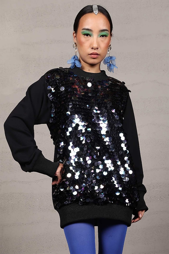 Black Jersey & Net Sequins & Rhinestone Embroidered Sweatshirt by Pooja Shroff