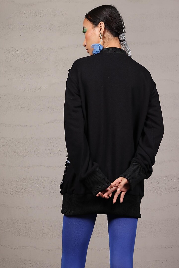 Black Jersey & Net Sequins & Rhinestone Embroidered Sweatshirt by Pooja Shroff at Pernia's Pop Up Shop