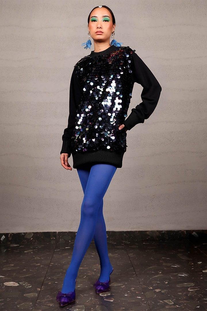 Black Jersey & Net Sequins & Rhinestone Embroidered Sweatshirt by Pooja Shroff at Pernia's Pop Up Shop