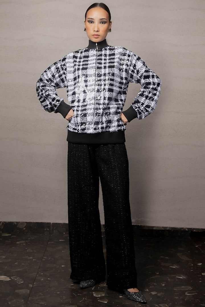 Black & White Jersey Sequins & Rhinestone Embroidered Sweatshirt by Pooja Shroff