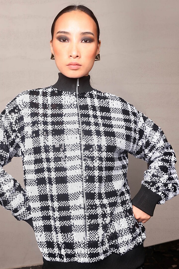 Black & White Jersey Sequins & Rhinestone Embroidered Sweatshirt by Pooja Shroff at Pernia's Pop Up Shop