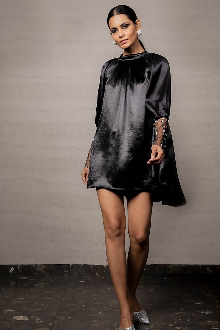 Black Satin Sequins & Rhinestone Embroidered Dress by Pooja Shroff