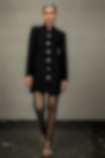 Black Metallic Tweed Long Coat by Pooja Shroff