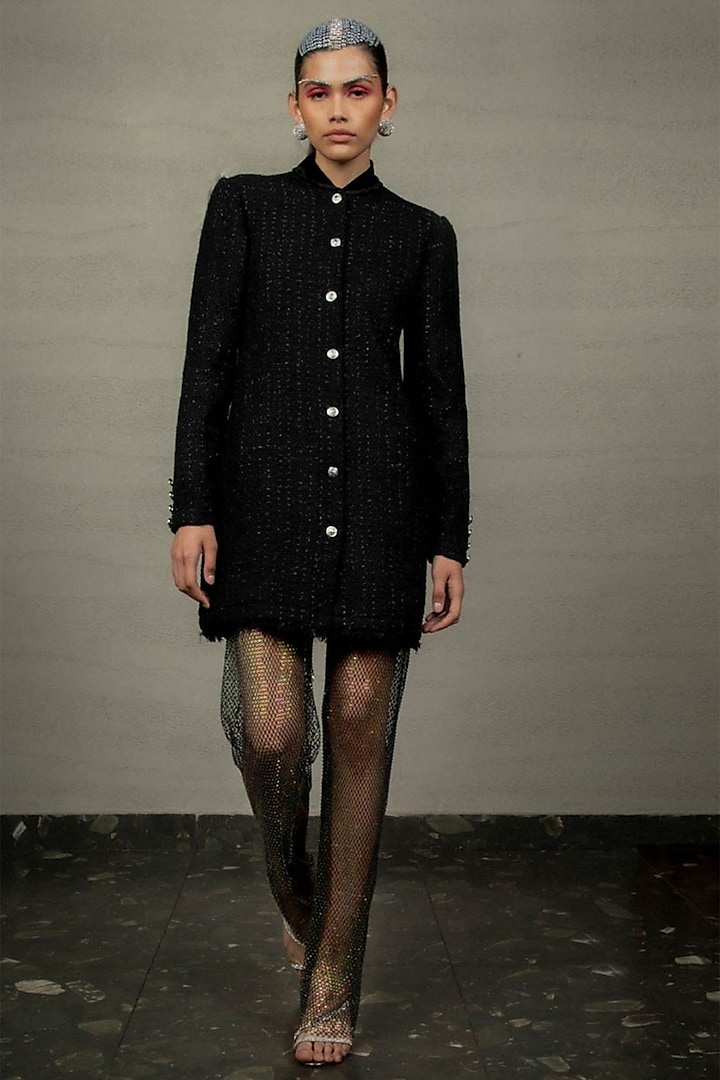 Black Metallic Tweed Long Coat by Pooja Shroff