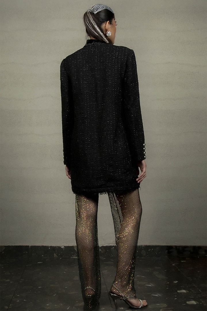 Black Metallic Tweed Long Coat by Pooja Shroff at Pernia's Pop Up Shop