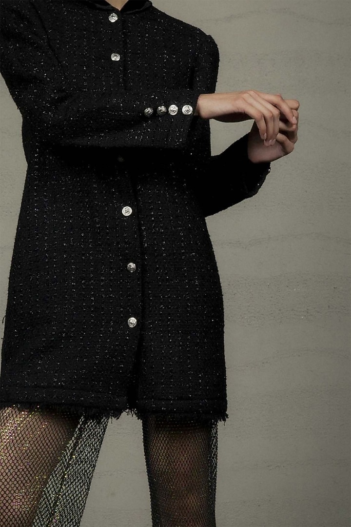 Black Metallic Tweed Long Coat by Pooja Shroff at Pernia's Pop Up Shop
