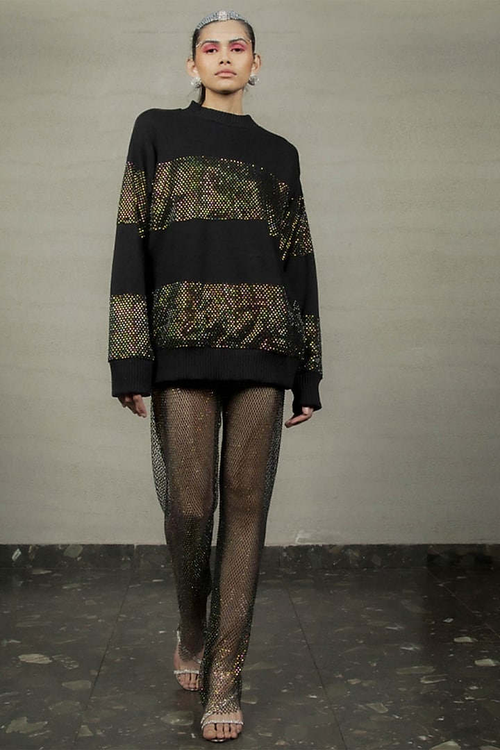 Black Jersey Sequins Embroidered Sweatshirt by Pooja Shroff at Pernia's Pop Up Shop